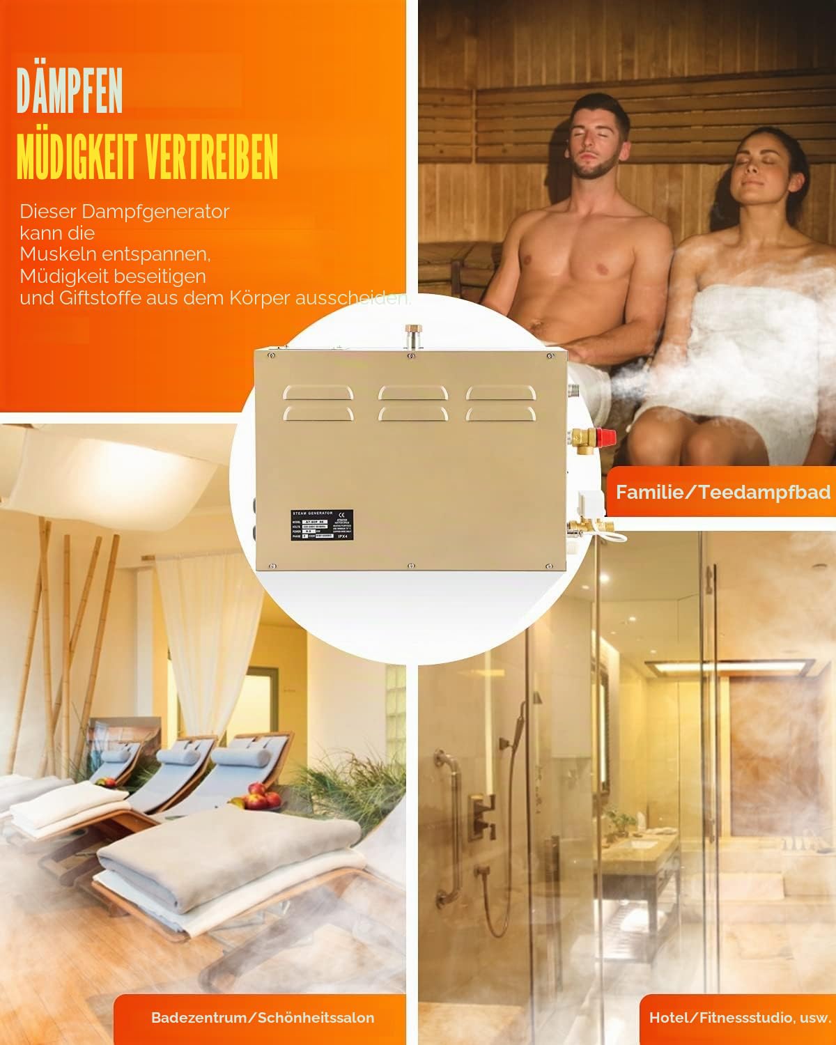 CGOLDENWALL 4.5 KW Sauan Dampfgenerator mit Automatischer Entwässerung 220 V für Zuhause und Gewerbe, Geeignet für Sauna/Dusche/Bade/SPA mit Intelligentem Touch-Controller 25-55°C, 3-4.5m3 Raumheizung