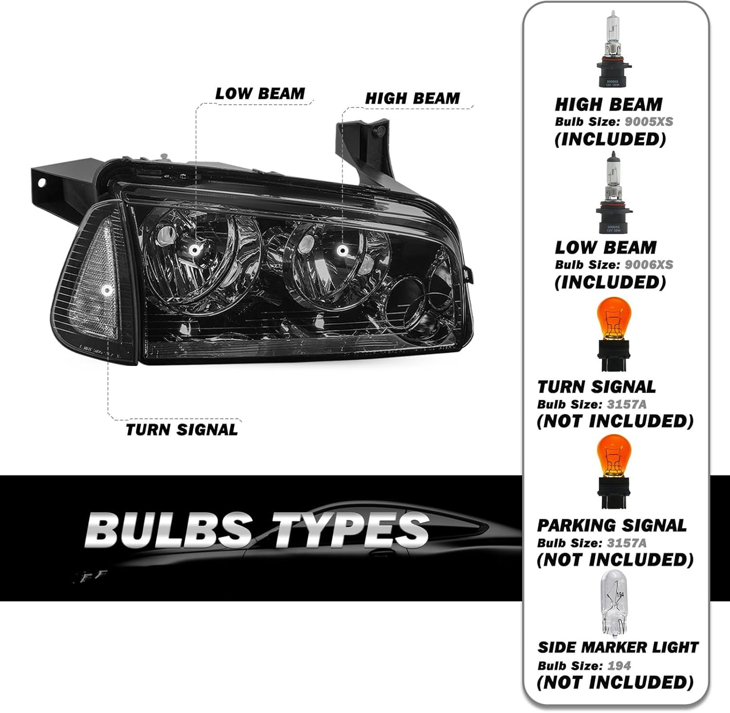 SOCKIR 4Pcs Halogen Headlight Assembly Compatible with 2006-2010 Dodge Charger Headlight with Corner Light Replacement OE Headlamp Passenger and Driver Side with High/Low Beam Bulbs