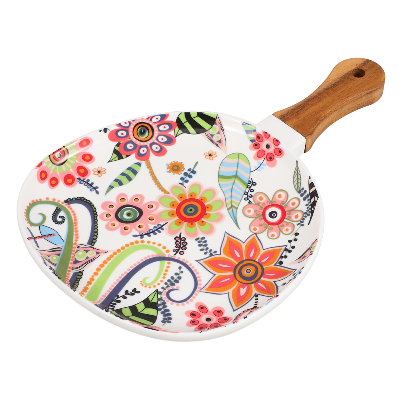 IMIKEYA Plato de Cerámica con Asa Estilo Nórdico para Servir Bistec Bandeja Decorativa de Madera Antideslizante para Uso Hogar