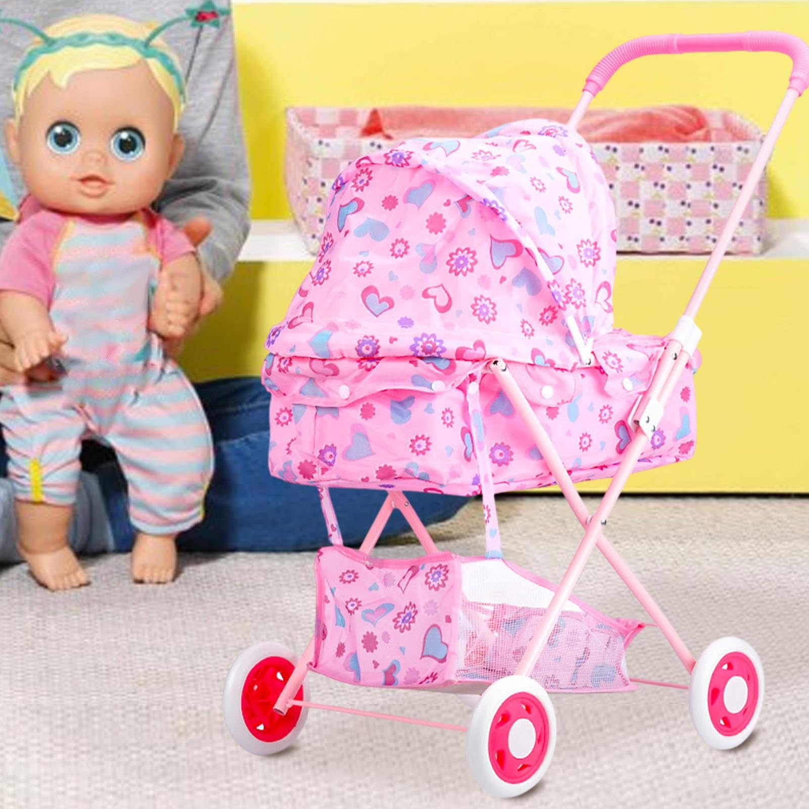 Puppen-Kinderwagen für kleine Babypuppen Robust Geräumig Realistisches | Hochstuhl-Wagen für Babypuppen Kinderzimmer-Spielzeugbuggy, für Kindertag, Geburtstag, Ostern