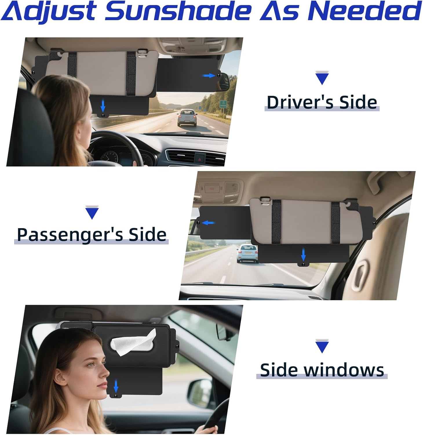 Car Tissue Holder with Sun Visor Extender - Includes Car Visor Extender Sun Blocker, Tissue Holder & Card Organizer, Auto Adjustable Anti-Glare Improving Driving Experience