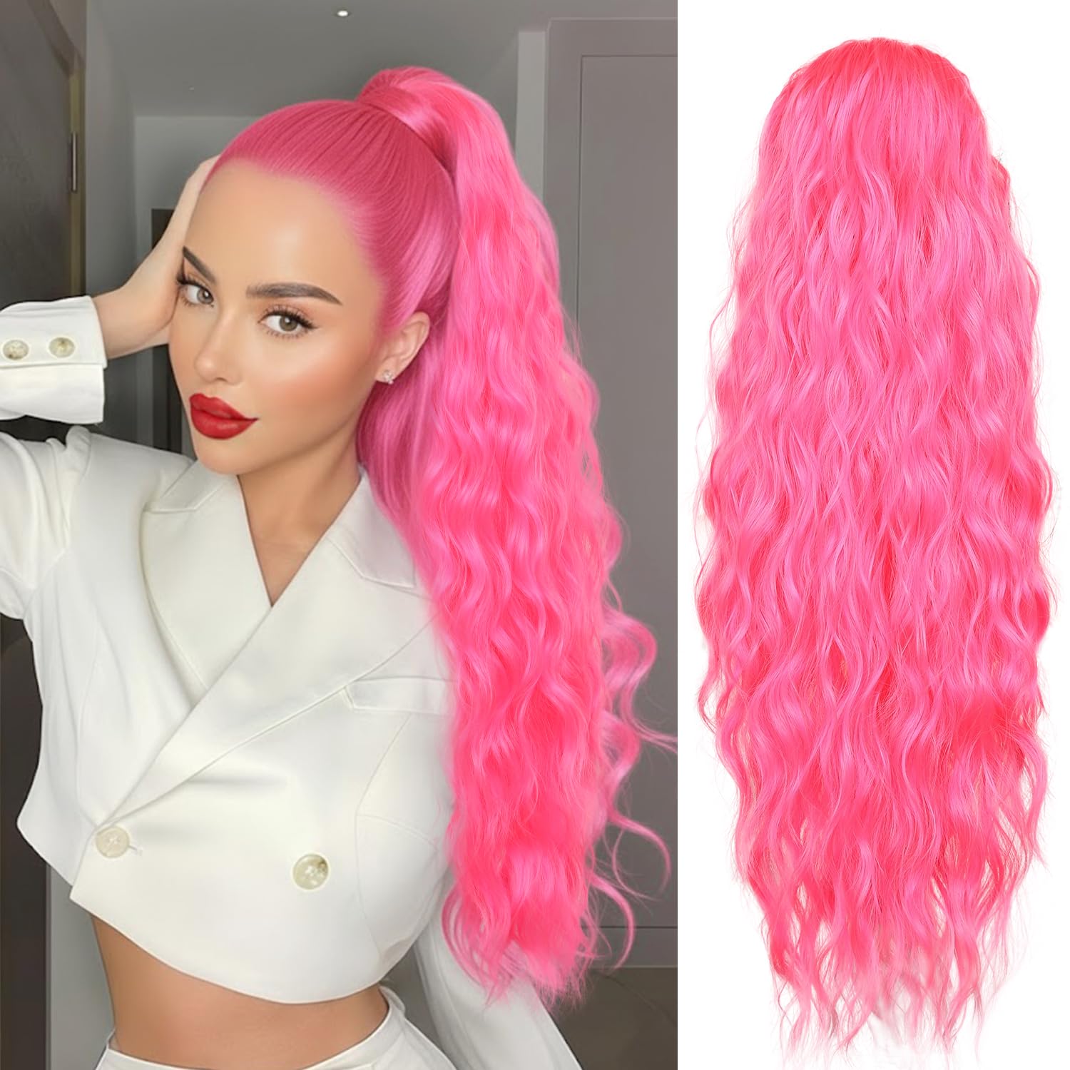 Photo 1 of LEEONS 26" Wavy Drawstring Ponytail Extension - Hot Pink