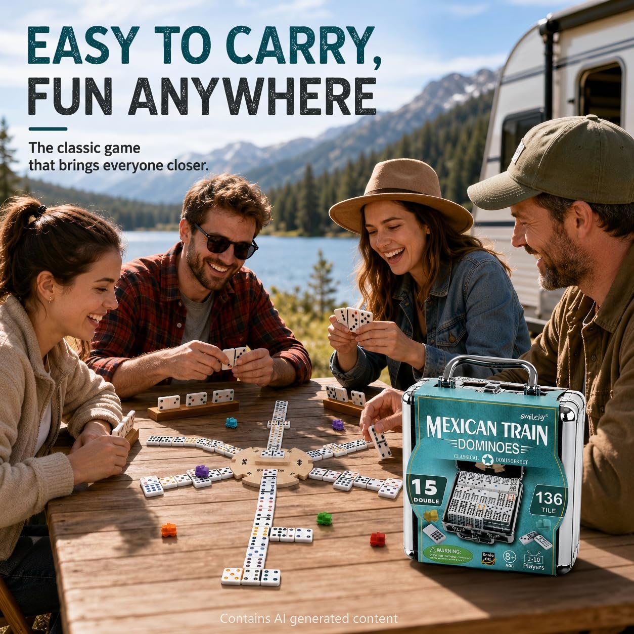 Smilejoy Dominó de tren mexicano, juego de dominó doble de 15 colores con caja de aluminio, juego de tren mexicano, 136 fichas de dominó de puntos (2-10 jugadores)