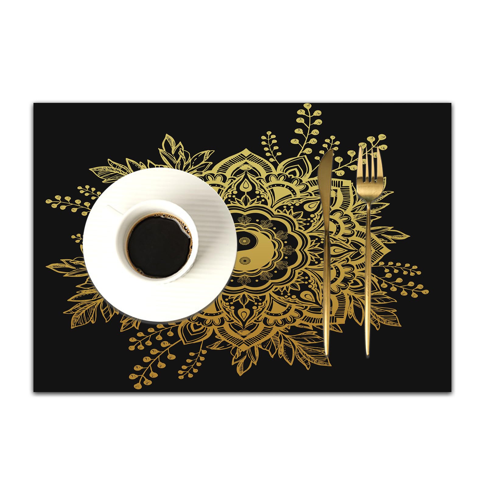Dasnk Gold Mandala, Indian Garden Flower In Crown - A5 Table Mats Set Of 4 Woven Vinyl Place Mats For Dinner Table Washable & Durable Indoor/Outdoor Use Table Accessories,Gold Mandala, Indian Garden Flower In Crown Of Leaves,12X18in
