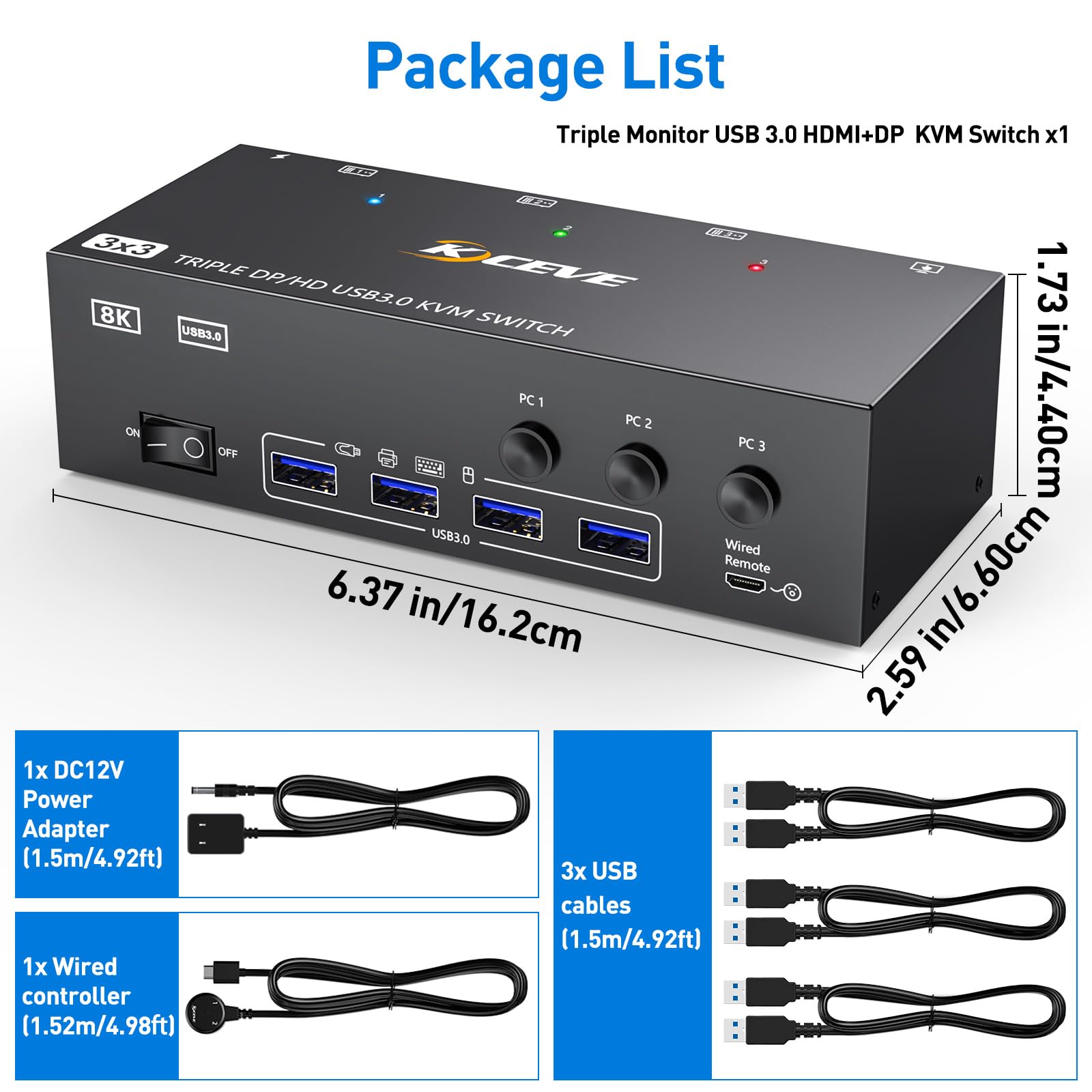 KVM Switch 3 Computer 3 monitory, KCEVE HDMI + DisplayPort USB 3.0 KVM, przełącznik 8K 30 Hz/4k 144 Hz, potrójny monitor KVM do 3 komputerów, 3 wyświetlaczy i 4 urządzeń USB 3.0
