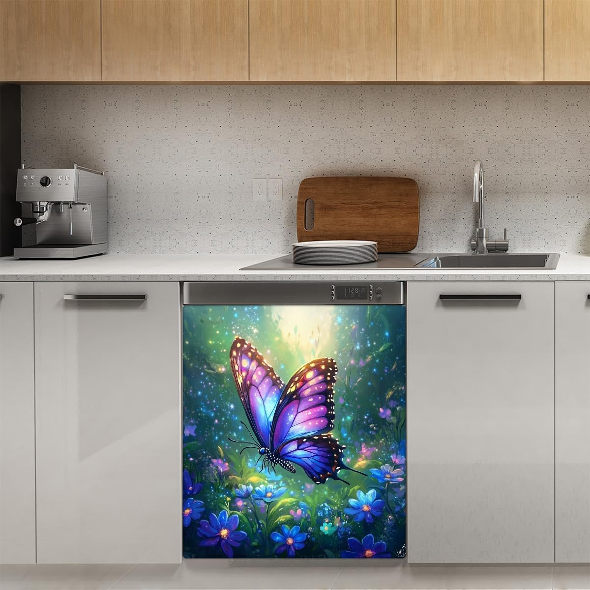 Dishwasher Covers Refrigerator Magnetic Panel Decals Colorful Butterfly Purple Flowers Magnetic Sheet Sticker Wash Machine Fridge Panel Decal for Home Kitchen Decoration