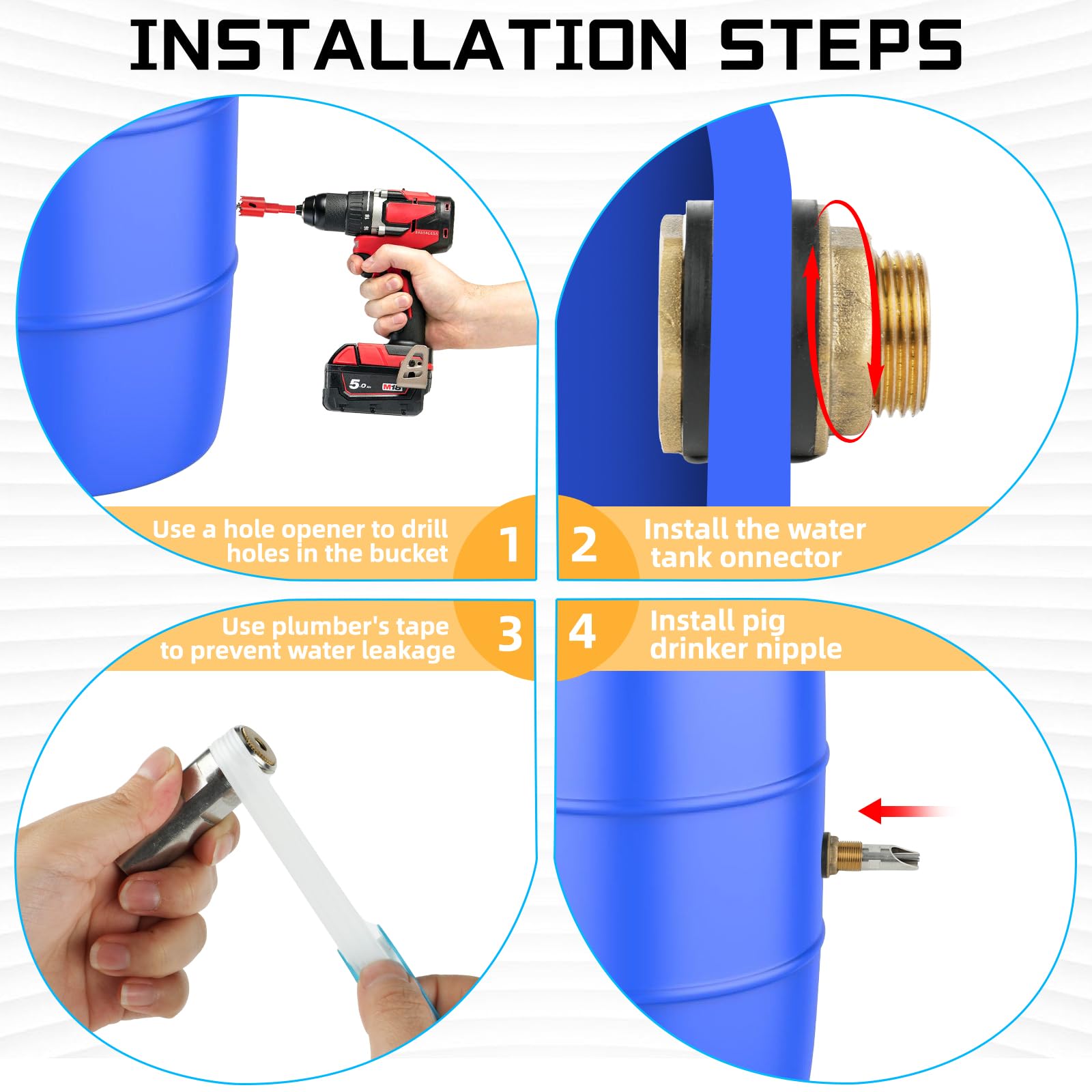 4PCS Pig Waterer Nipple, Automatic Pig Nipple Water Drinker for Barrel Kit, Stainless Steel Hog Water Drinker Feeder with Brass Water Tank Connectors Kit for Pig Goats Swine Piglets Drinking