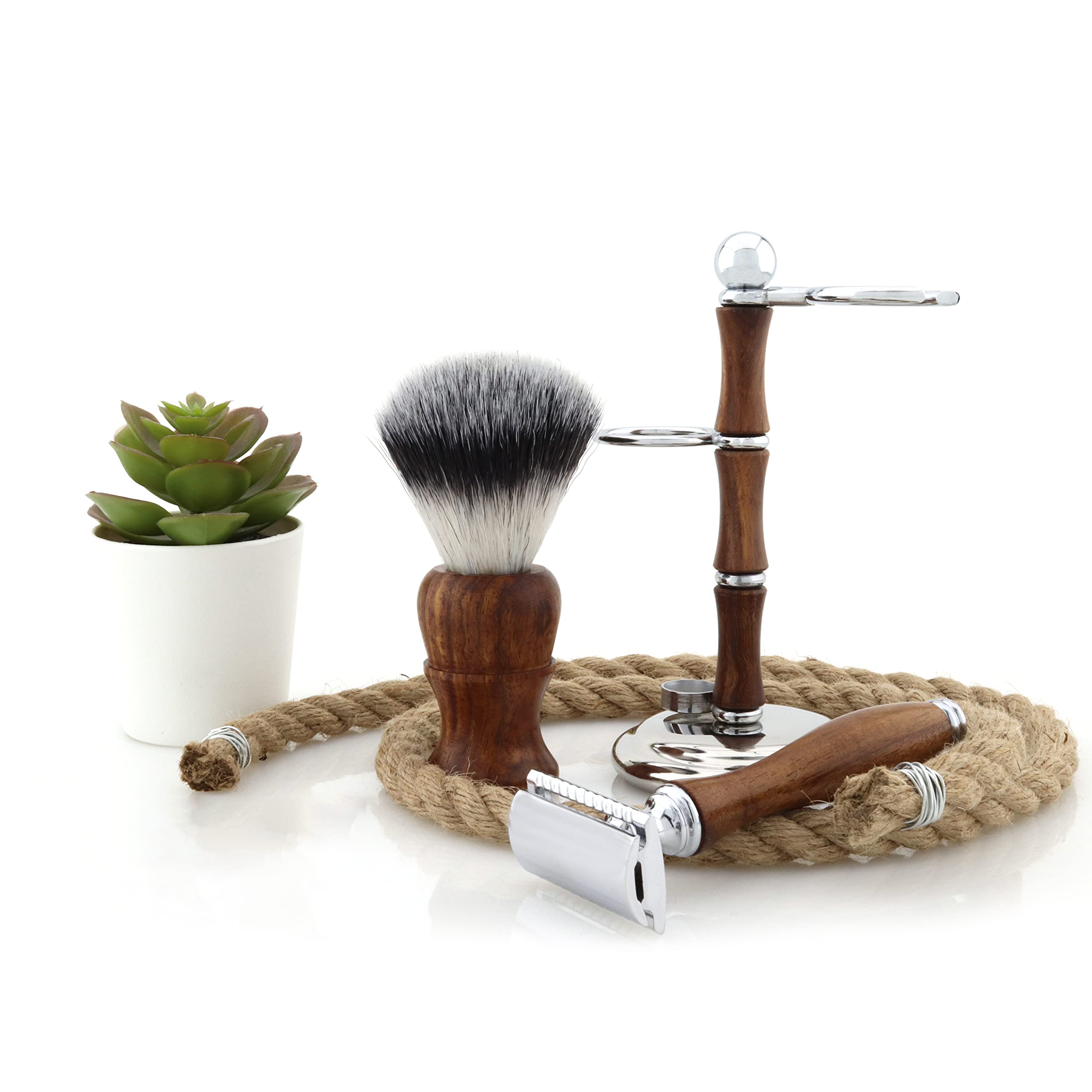 Jag Shaving - Set da barba sostenibile, 3 pezzi, in legno, pennello da barba con setole sintetiche, rasoio con lametta a doppio filo da donna e da uomo, piedistallo