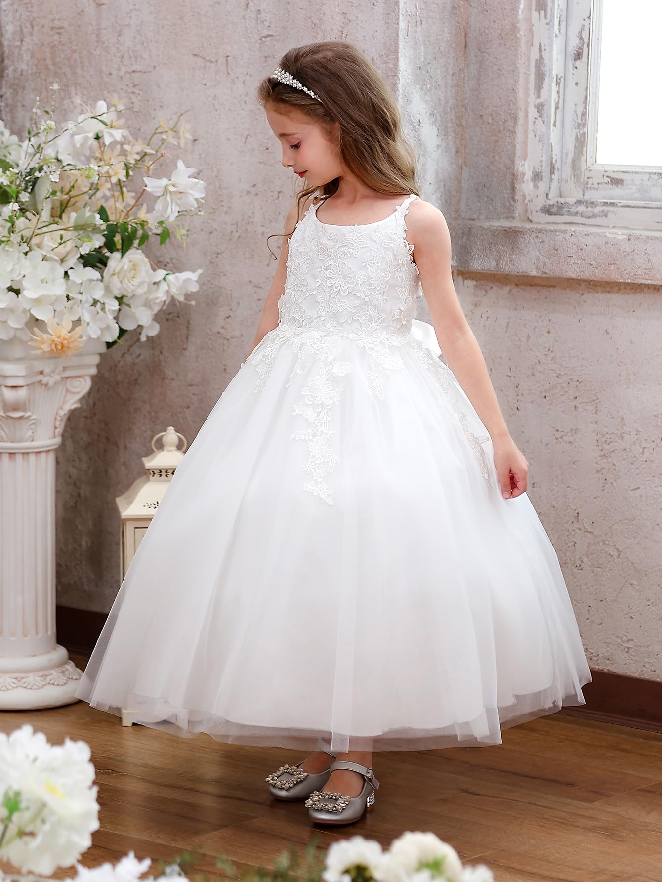 Blumenmädchen Kleid Kinder Mädchen Träger Blumen Bestickt Spitzen Strapskleid Ärmellos Hochzeit Geburtstag Partykleid Prinzessin Maxikleid Elegant Weich Kinderkleid Für Performance(6,Weiß)