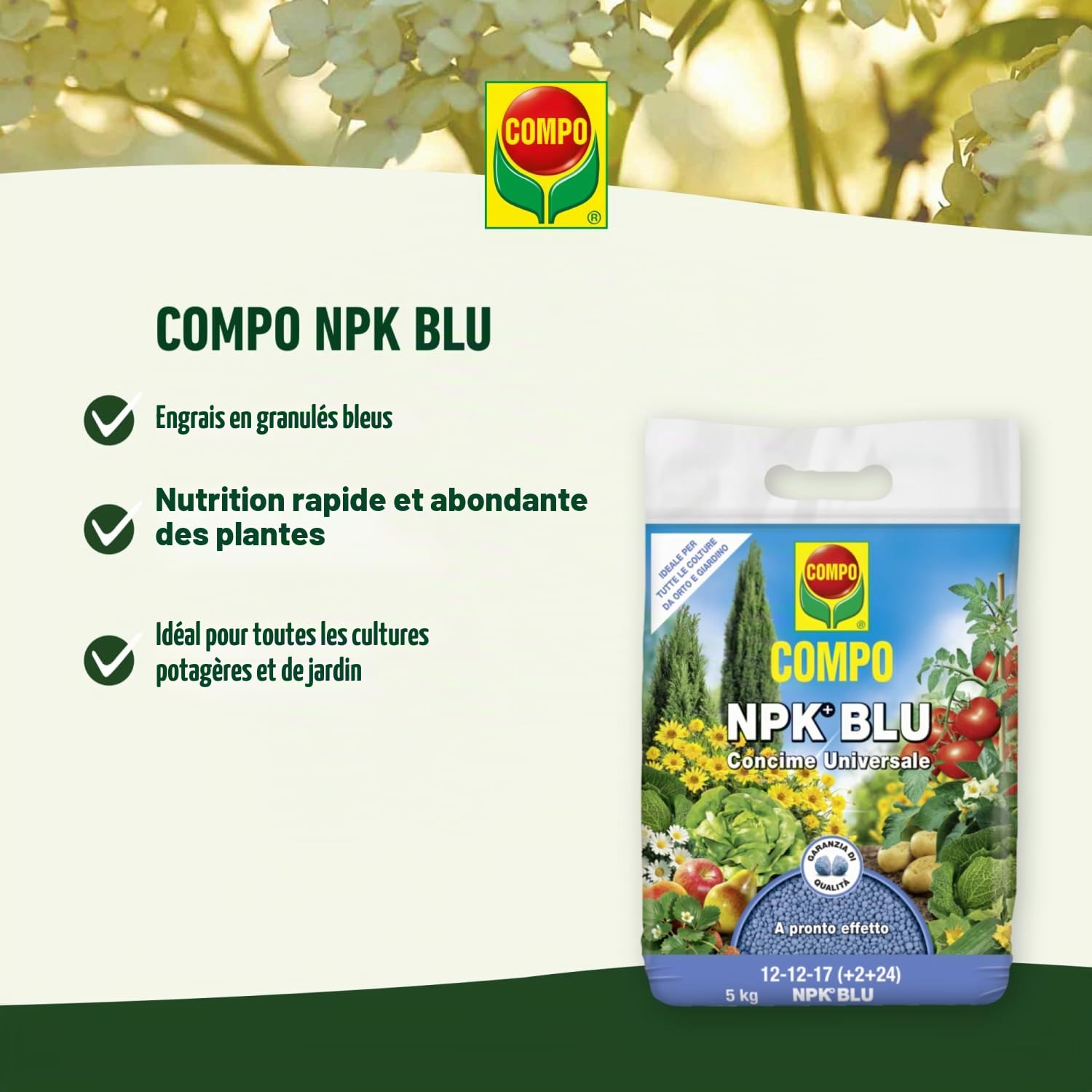 COMPO NPK BLEU, Engrais universel en granulés pour jardin et potager, Effet rapide, 4 kg