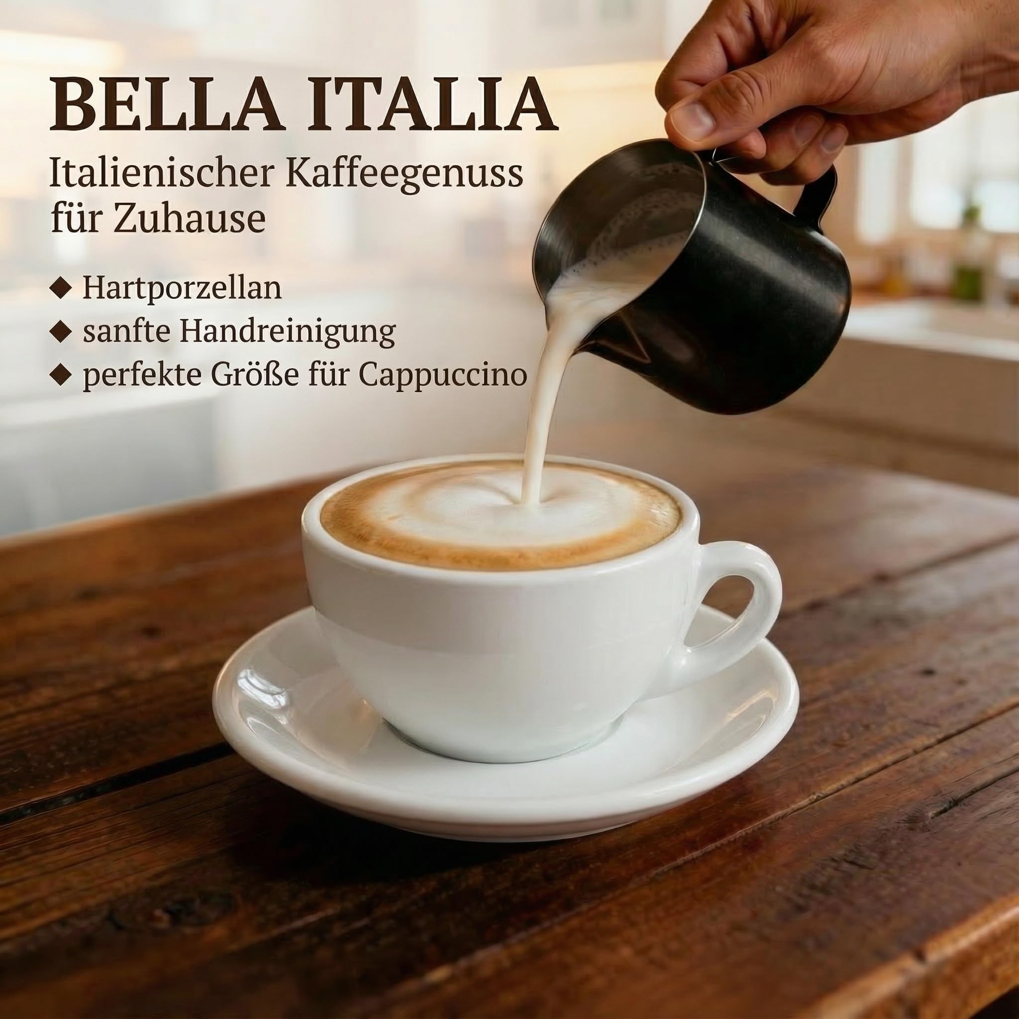 6x Cappuccinotassen | Weiß | Italian Style | dickwandig & schwer | spülmaschinenfest | Cappuccino 6er Set mit Untertassen - Geschenkset