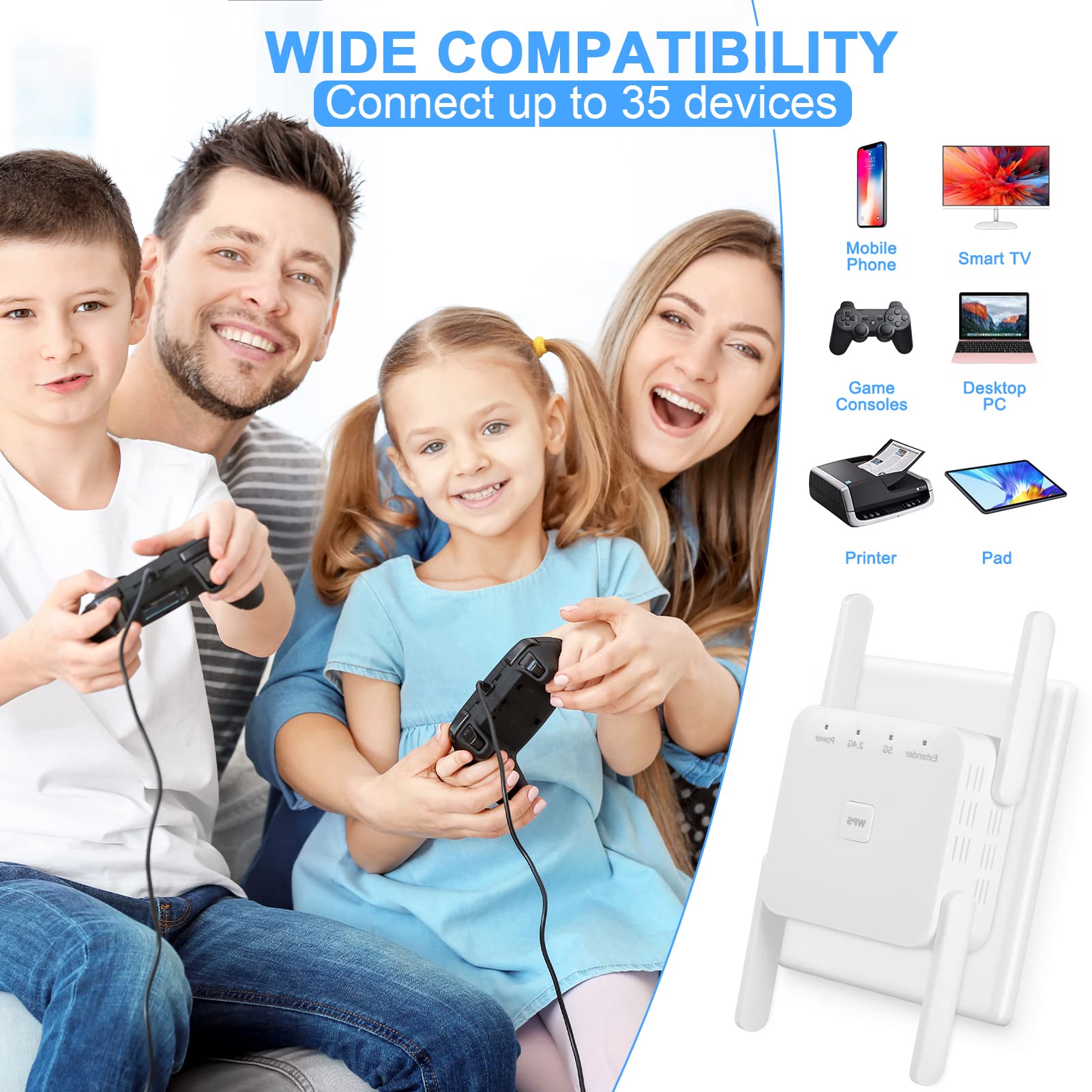 WLAN Repeater, 1200Mbit/s WLAN Verstärker Dual-Band 5GHz/2.4GHz mit Ethernet-Port, WiFi Booster mit Repeater/Router/Access Point Modus, 4 Antennen WiFi Range Extender, kompatibel zu Allen WLAN Routern