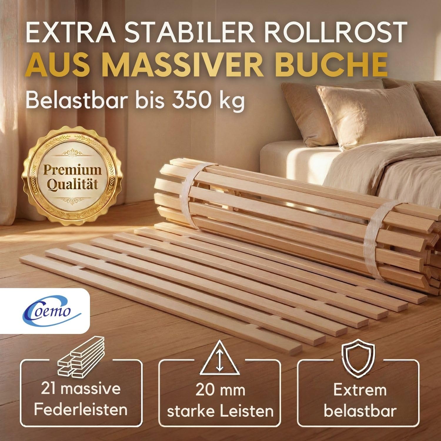 Coemo Rollrost Rolllattenrost 21 Leisten 6 Befestigungspunkte 140 x 200 cm Lattenrost aus Buche Holz - Belastbar bis 350 kg - Ohne Montage
