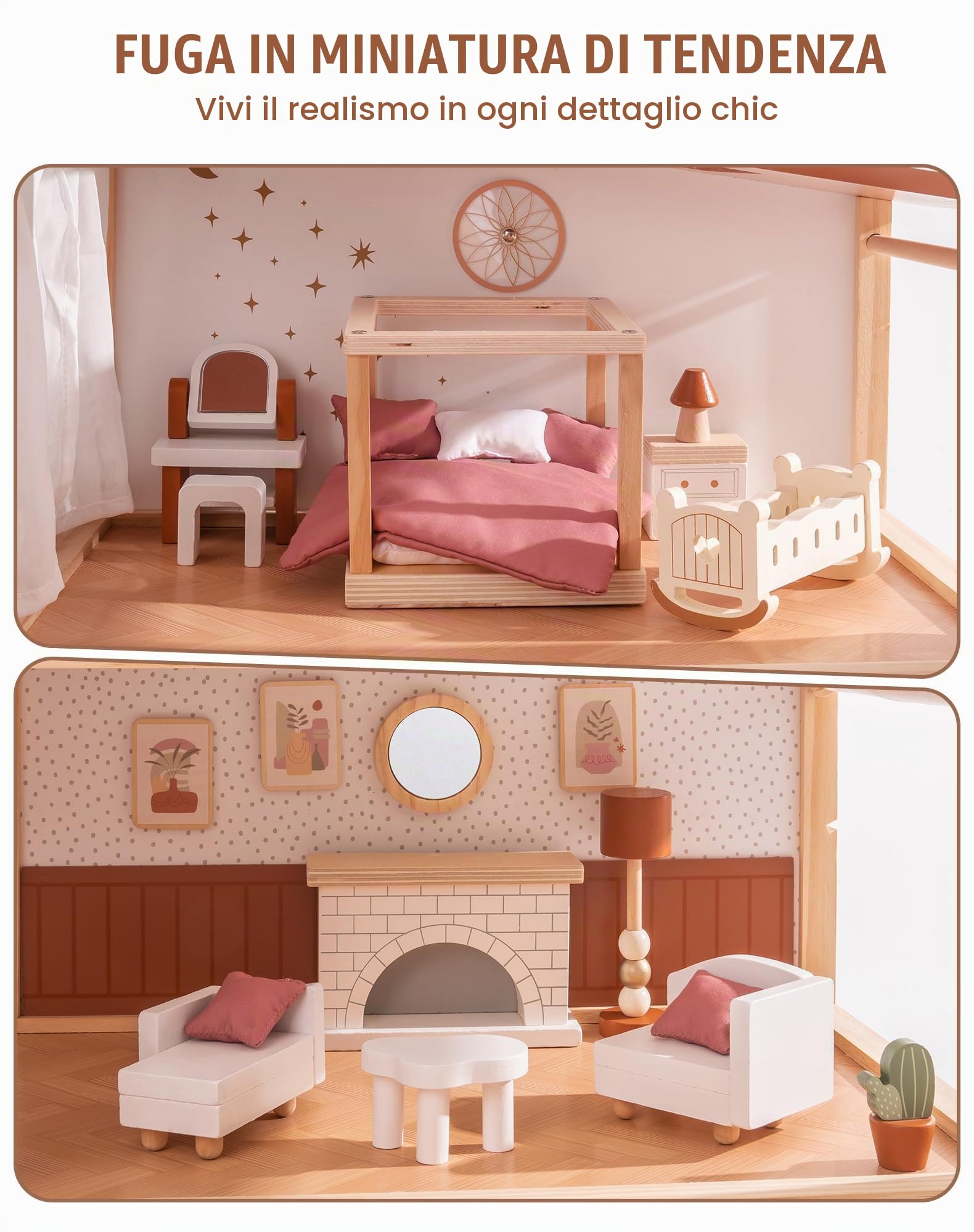 ROBUD Casa Delle Bambole in Legno in Stile Bohémien con 37 Pezzi Di Mobili Realistici e Accessori per Bambole - Giocattolo per Il Gioco Di Ruolo, Regalo per Bambini Bambine dai 3 Anni +