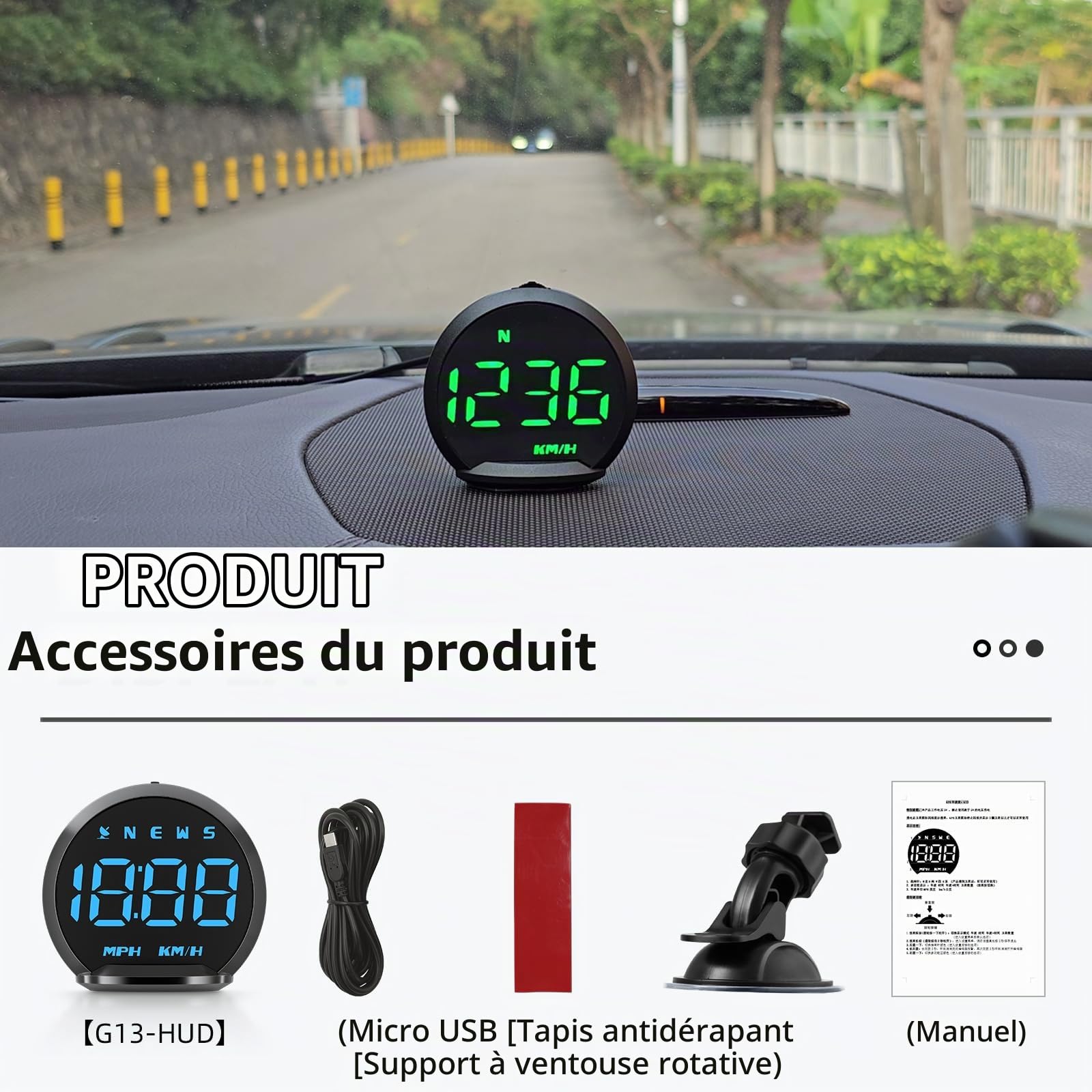 KAOLALI Affichage Tête Haute, 2.2" Compteur de Vitesse GPS Universel | HUD de Voiture KMH/MPH avec Support à Ventouse, Alerte de Vitesse, Temps, Boussole pour Toutes les Voitures