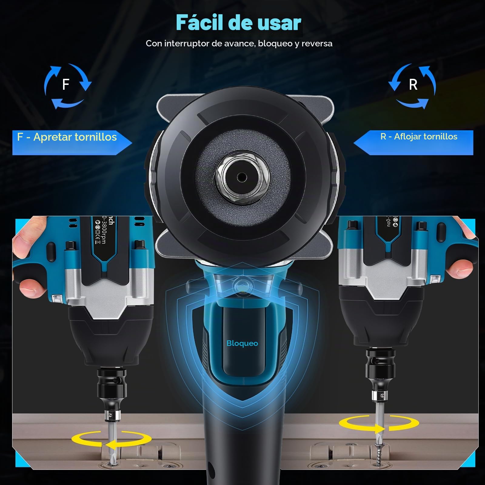 Pistola de impacto bateria 700N Llave de impacto con 2 baterías, 3 Velocidades variables, LED Llave de impacto a bateria, Parada de freno, para Reparación de Automóviles, Bricolaje
