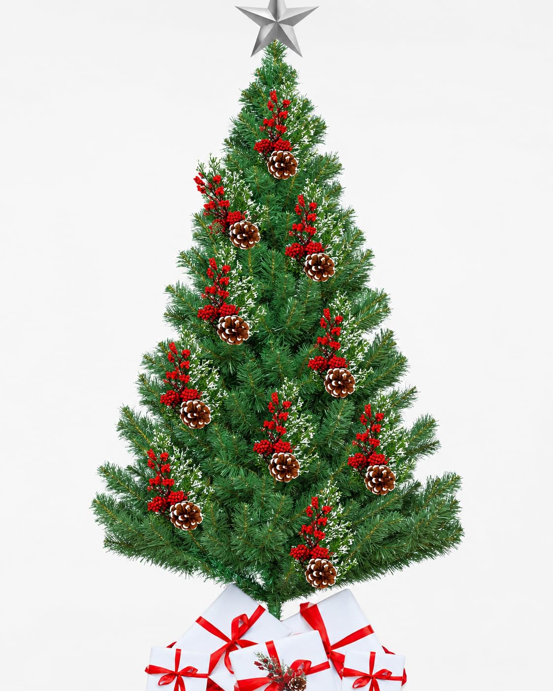 Juego de 9 púas con punta de nieve con piña y verde con racimos de bayas rojas y accesorios para manualidades