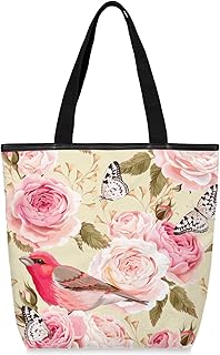 Sacolas de lona com zíper e bolso interno, bolsa de ombro feminina casual bolsa de mão pássaro rosa borboleta, bolsas de compras reutilizáveis para cozinha, bolsas de lona para uso para livros, sacolas de compras, sacolas de presente, Multicor