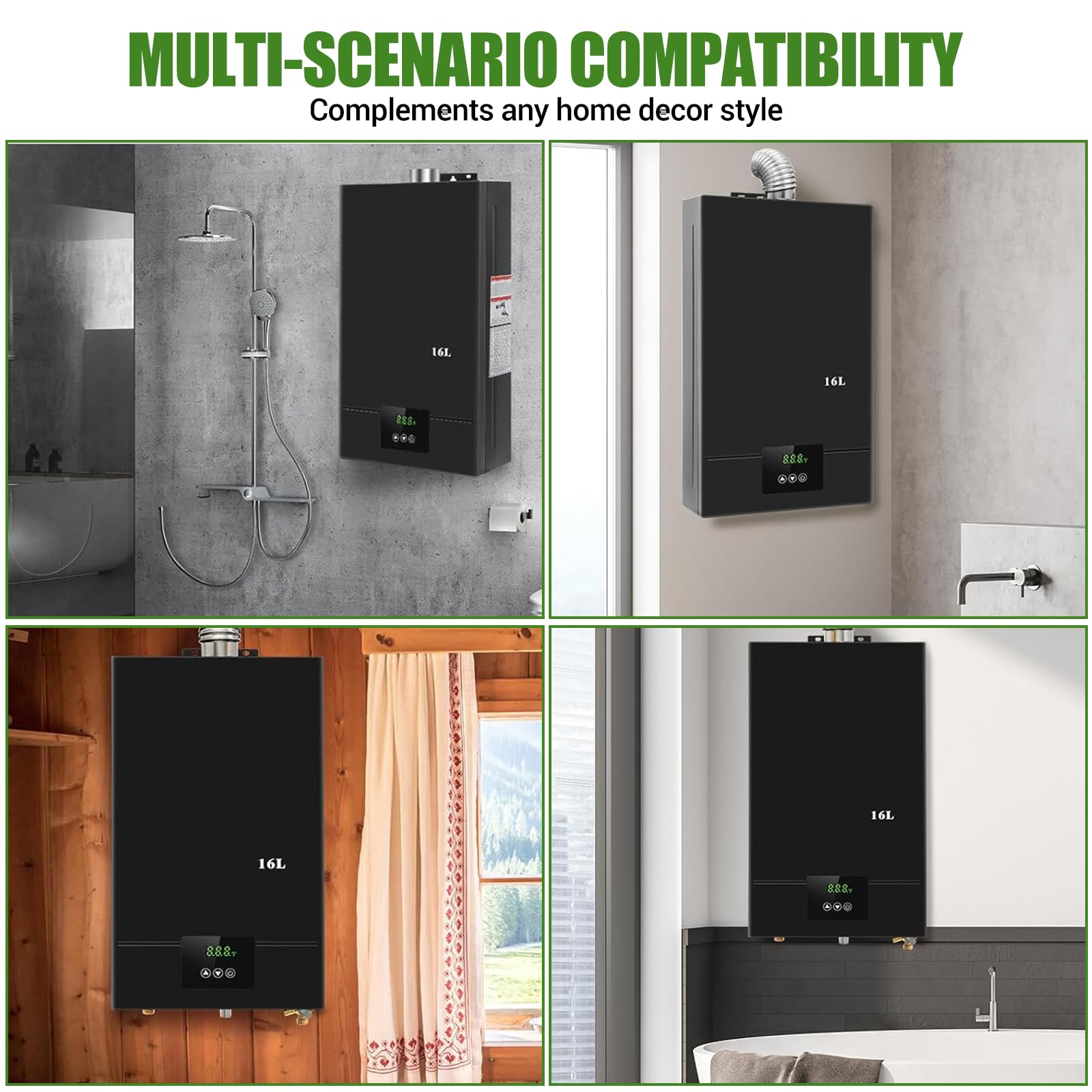 Calentador de agua a gas natural de 16 l con modo invierno y verano, caldera de gas natural, diseño portátil, sin depósito de acumulación, con pantalla digital