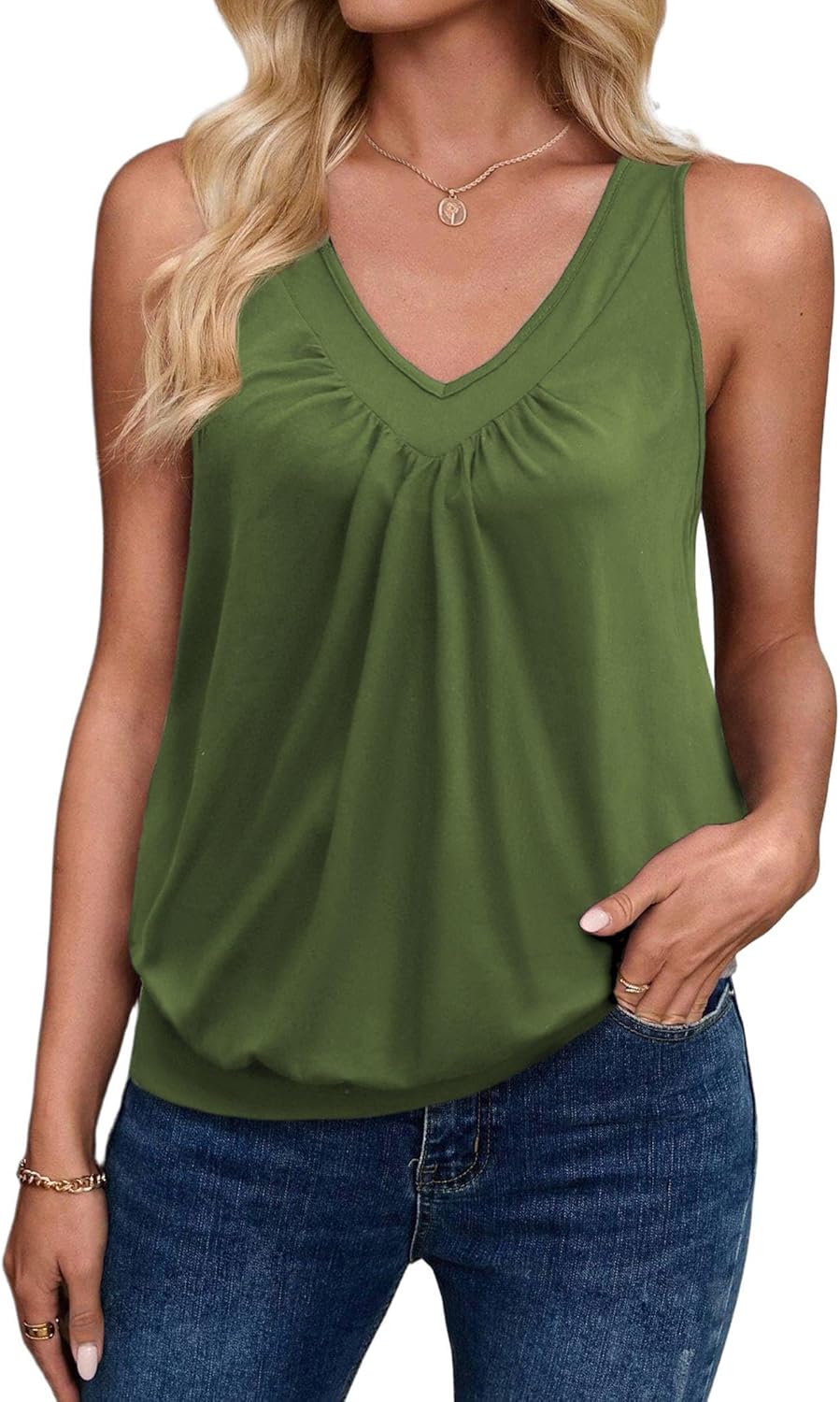 Zeagoo Womens Tank Tops Loose Fit V Neck Ruched Sleeveless Tops Casual Basic Banded Shirts S-XXL