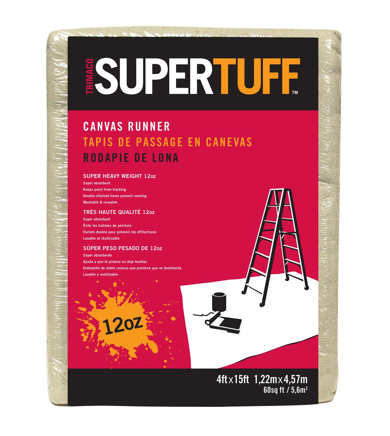 Trimaco 51208 SuperTuff 12 oz Thick Premium Weight Canvas Drop Cloth, 4 x 15-feet, 4' X 15'