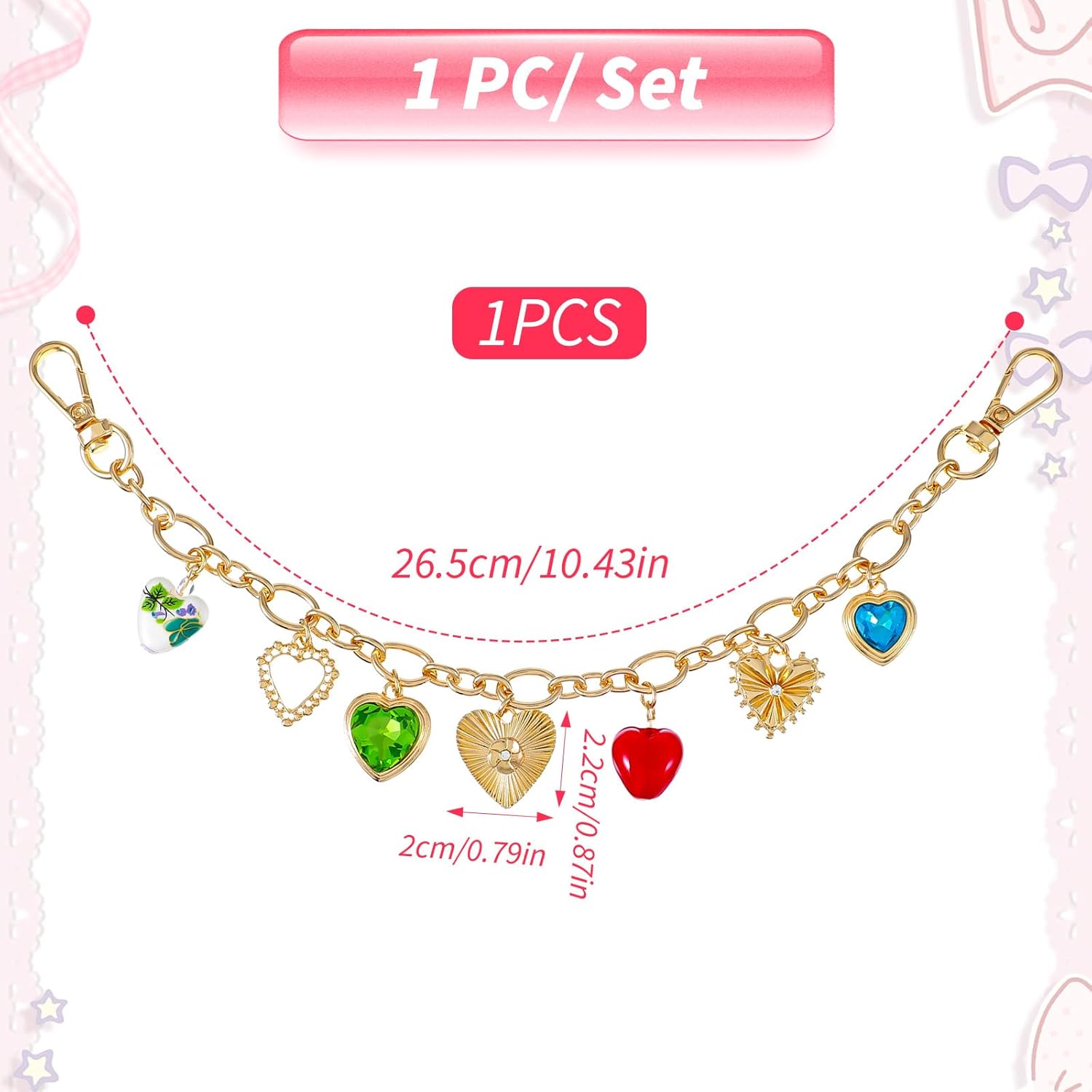 Bag Charms for Handbags with Red Rhinestones, Heart Cherry Keychain Purse Charms, Cute Bag Chain Purse Accessories (Gold) - Image 2