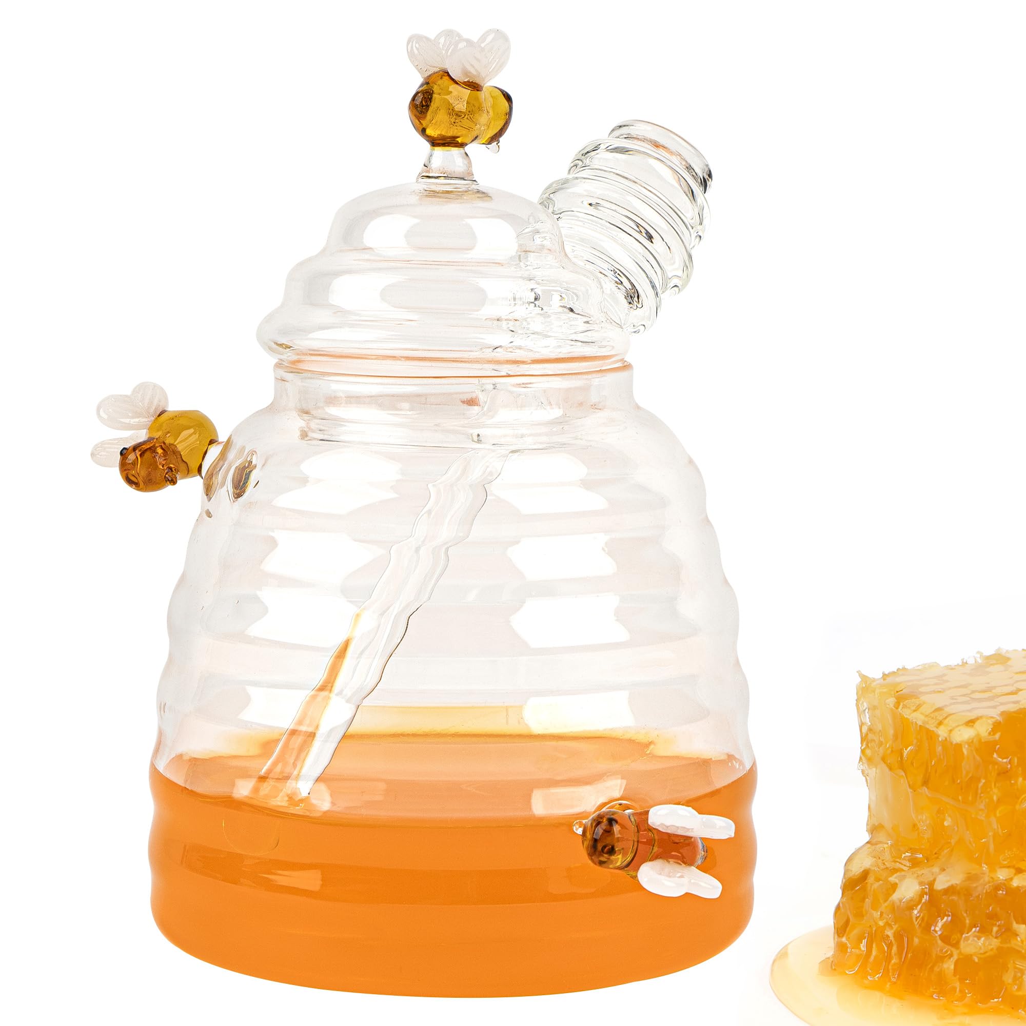 CAIRIAC Honey Jar with Dipper and Lid Glass Honey Pot Container Dispenser, Honey Server for Tea, Bee Gift for Women, Crystal Beehive Honey Jar for Kitchen, Table Centerpieces, Tea Bar (15 oz)