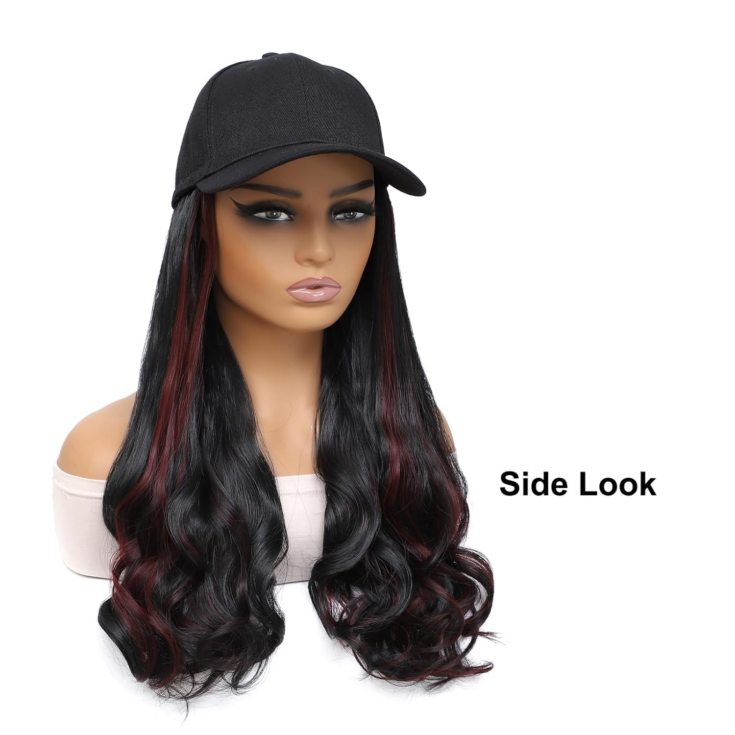 Hat Wig Baseball Cap With Wavy Ends Straight Roots Hair Extensions Attached Heat Resistant Synthetic Mix black red Hair Replacement Wigs in Hat for Woman Girls