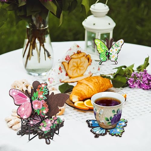 Miniatura 5 de Umigy Juego de 8 posavasos con diseño de mariposa, diseño de diamantes de Navidad, pintura de diamante, almohadillas de corcho antideslizantes con