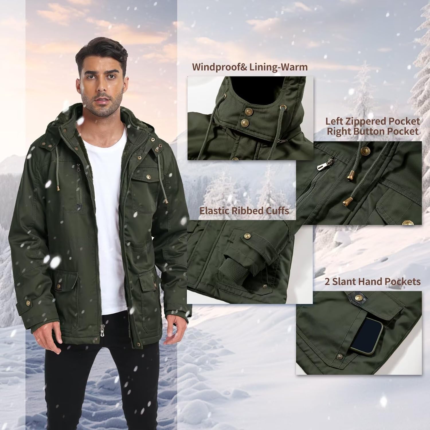 Men's Thick Winter Jackets Fleece Lined Thick Jackets Hood Work Jackets Coat Cotton Military with Cargo Pockets - Image 5