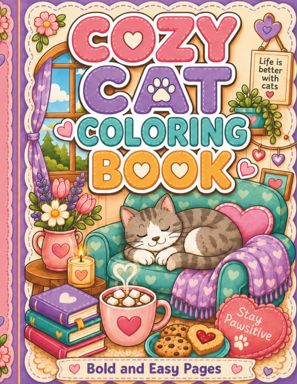 Cozy Cats Coloring Book: Bold and Easy Cat Coloring Pages for Relaxation