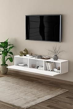 ASRA TREND Parlak Beyaz T-27 Duvara Monte TV Ünitesi - 160 cm Genişlik, 3 Kapaklı Askılı TV Sehpası,%100 MDFLAM, Modern Yüzer Tasarım