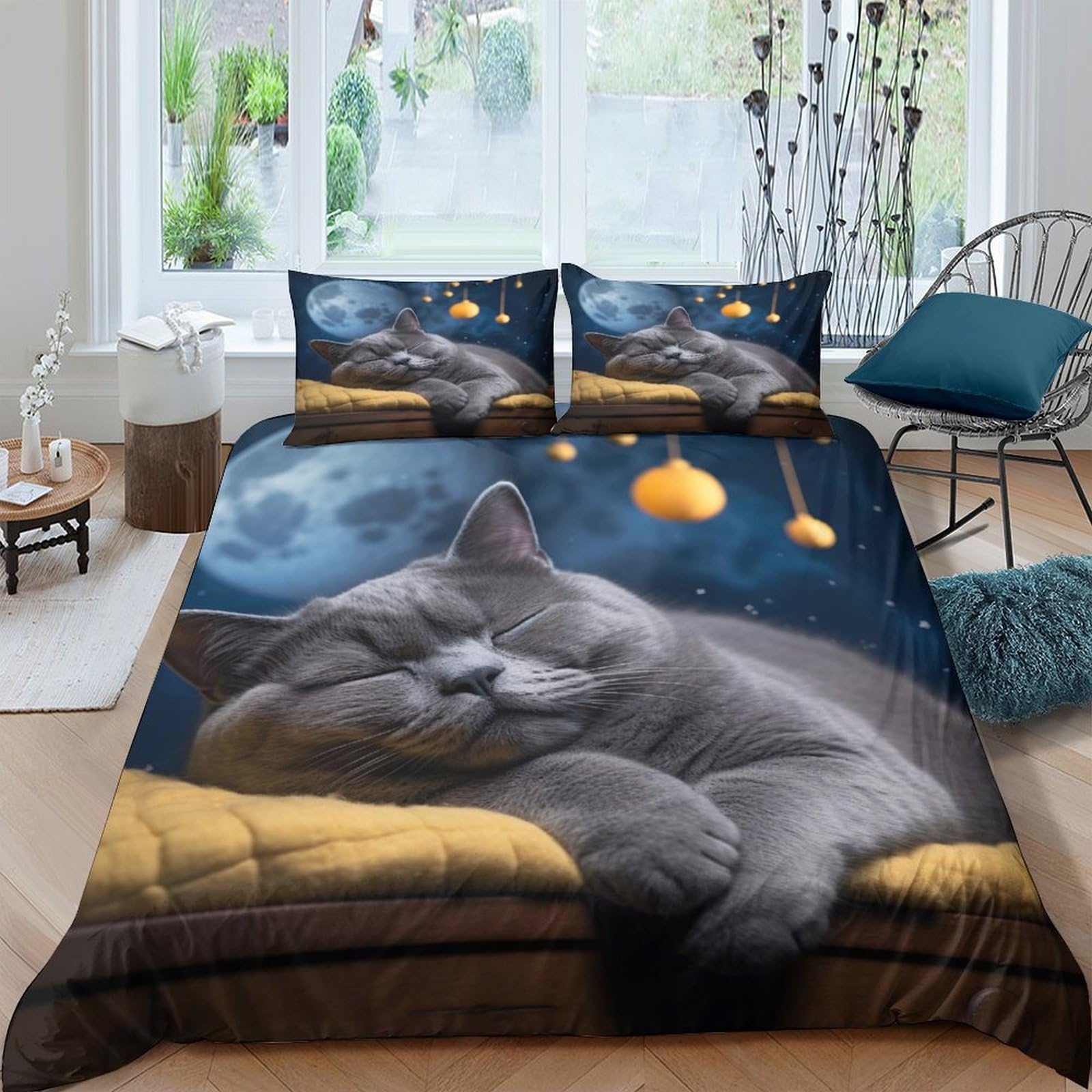 Ctjqhvkz Style-4 3D Printed Moon Night Cat Fitted Sheet Microfiber Soft Grey Animal Bed Cover Non-Slip Machine Washable Bedroom Decor Single（135X200cm）