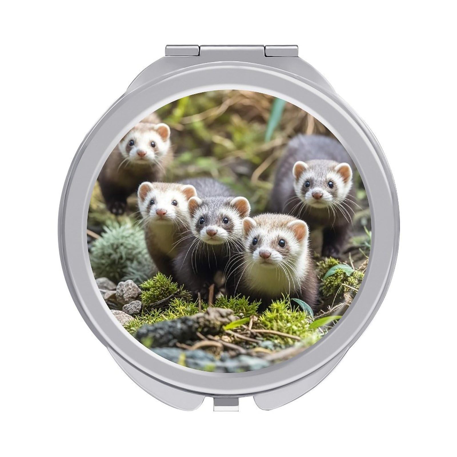 FekiLoot Ferrets Travel Makeup Mirror for Women Folding Portable Hand Compact Mirrors Small Round Vanity Mirror 1X/2X Magnifying Metal Pocket Makeup Mirrors