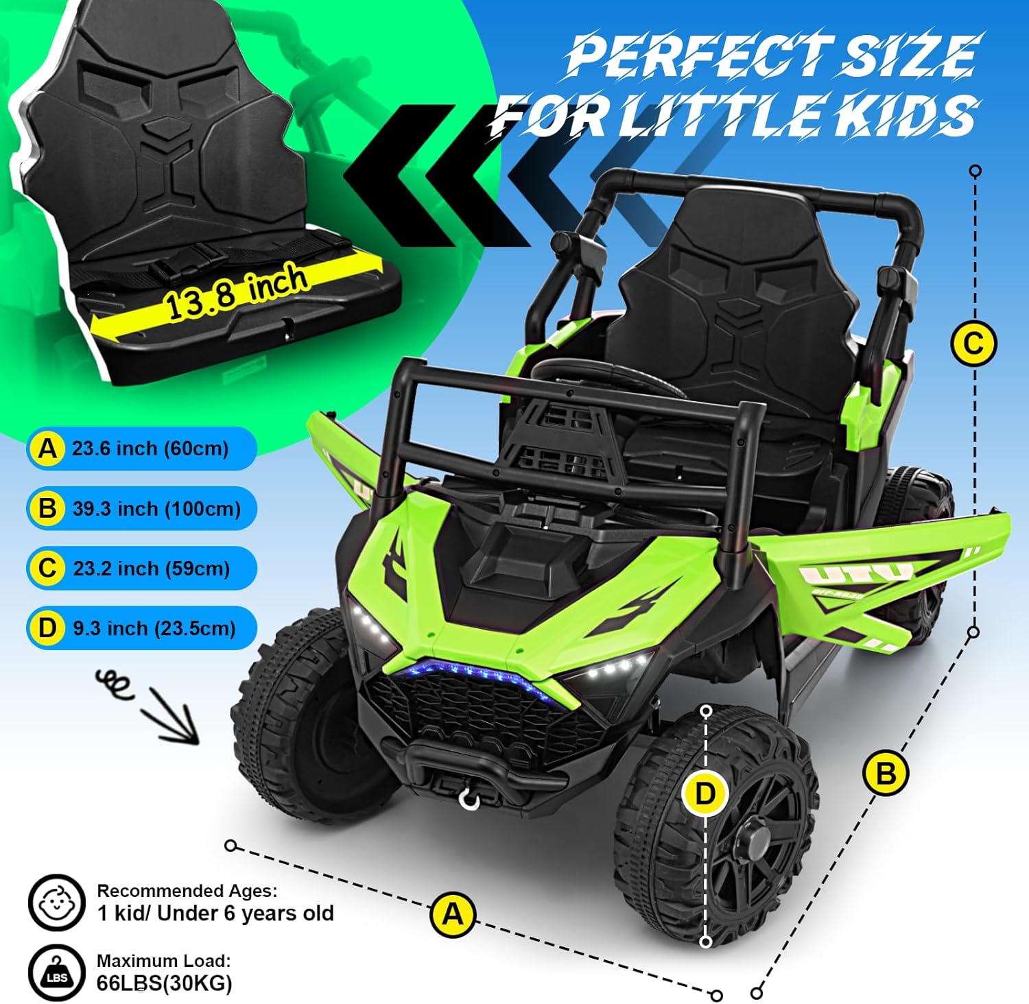 Joywhale 12V Kids Ride on Toy Car, Battery Powered Electric Off-Road UTV Truck with Remote, 12 Volt Kids UTV for Toddlers with 3 Speeds, Music, Safety Belt, Suspension, LED Lights, Green