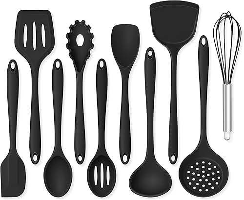 Onader Juego de utensilios de cocina de silicona, 10 piezas de utensilios de cocina negros para utensilios de cocina antiadherentes, no tóxicos y