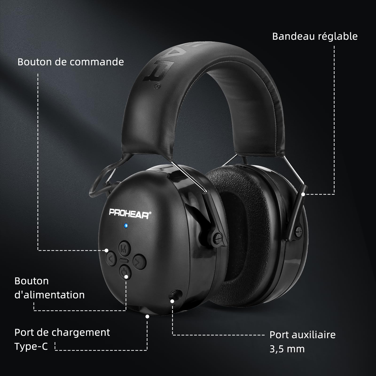 PROHEAR 037 Bluetooth 5.4 Casque Anti Bruit, Musique Protection Auditive Rechargeable avec Sac Transport, Cache-Oreilles de Protection pour Tonte, Construction, Menuiserie, SNR 30dB - Noir