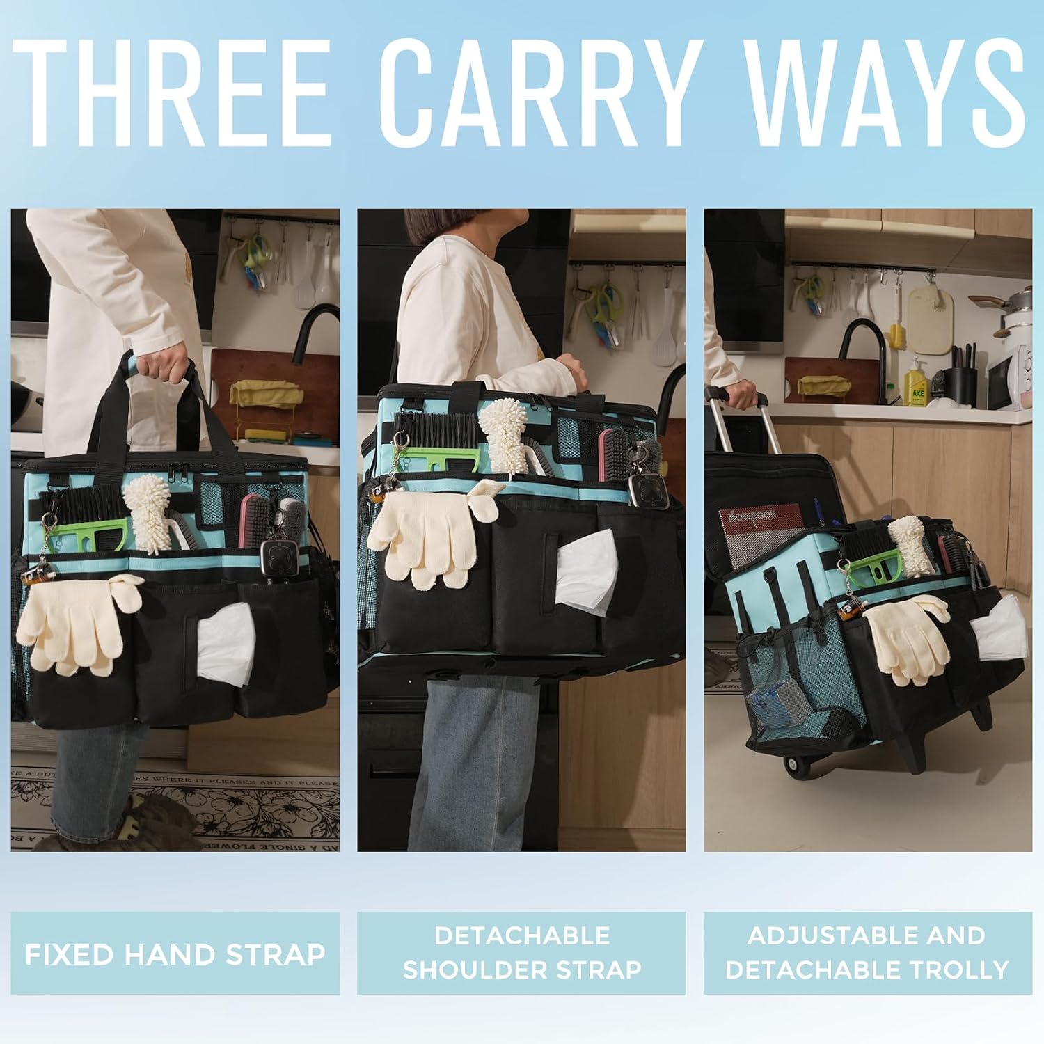 SCAVATA Rolling Cleaning Caddy Bag with Detachable Trolley, Large Cleaning Supplies Organizer with Wheels, Multi Pocket Cleaning Cart with Adjustable Shoulder Strap for Housekeepers & Home, SkyBlue