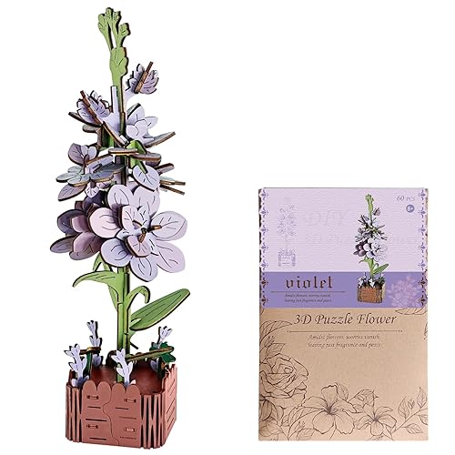 XIAPIA Puzzle 3D de Fleurs en Bois, Kit de Bricolage pour Enfant, Kit de Construction Adulte pour La Décoration Intérieure, Cadeau Créatif pour La Fête de Mère, Anniversaire, Noël, La Saint Valentin - Violet