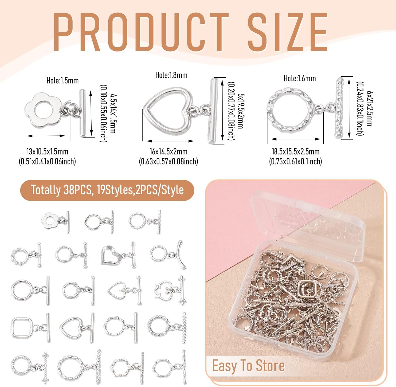 Craftdady 38pcs Toggle Jewelry Clasps Heart Ring Flower Necklace Bracelet Toggle Clasps Platinum Connectors Metal Bar T-Bar Closure for DIY Craft Jewelry Making 12.5-18.5 mm - Image 4