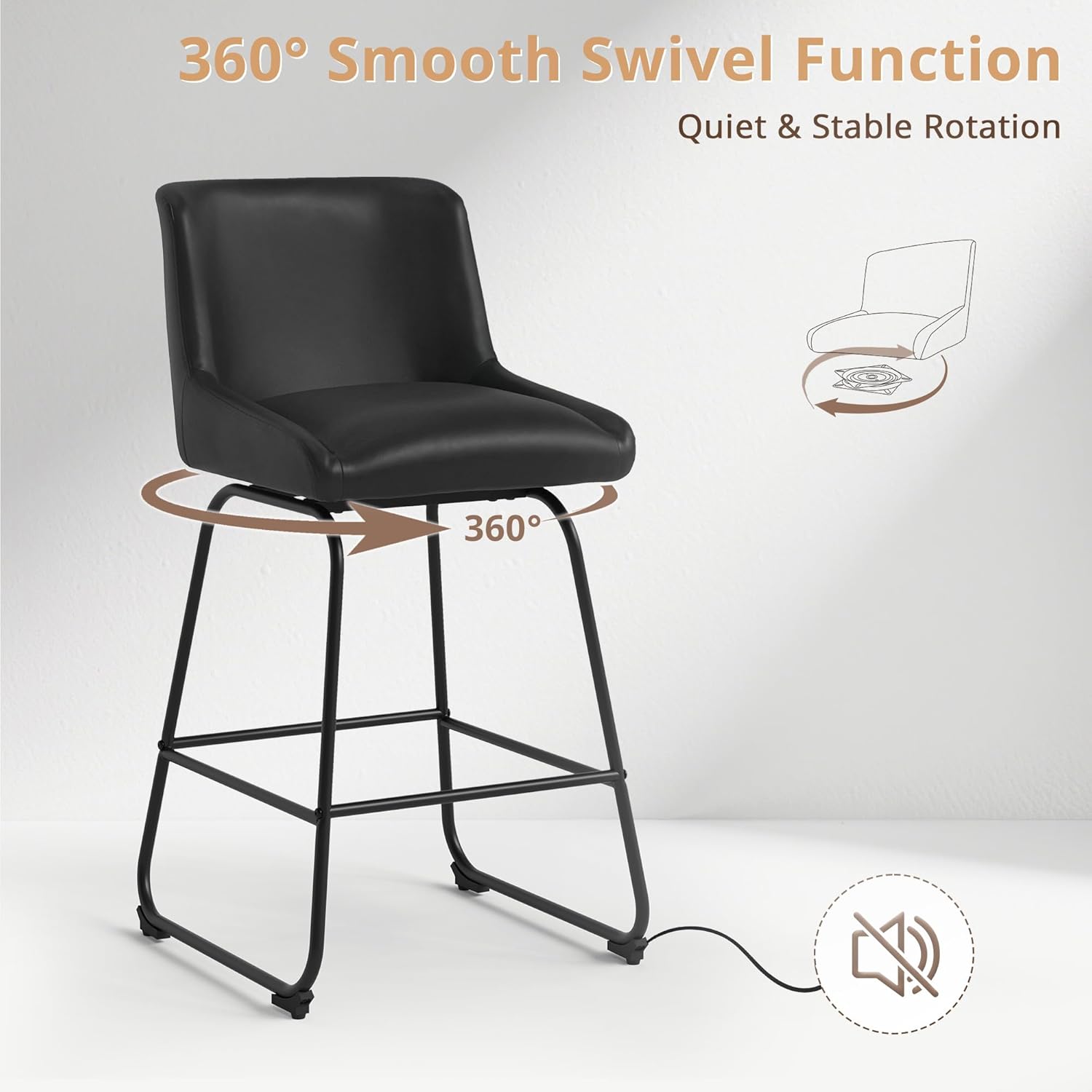 Swivel Bar Stools Set of 2, 26 Inch Upholstered Barstools with Backs, Modern Faux Leather Counter Height Bar Stool Chairs with Metal Legs and Footrest for Kitchen Island, Black Counter Stools