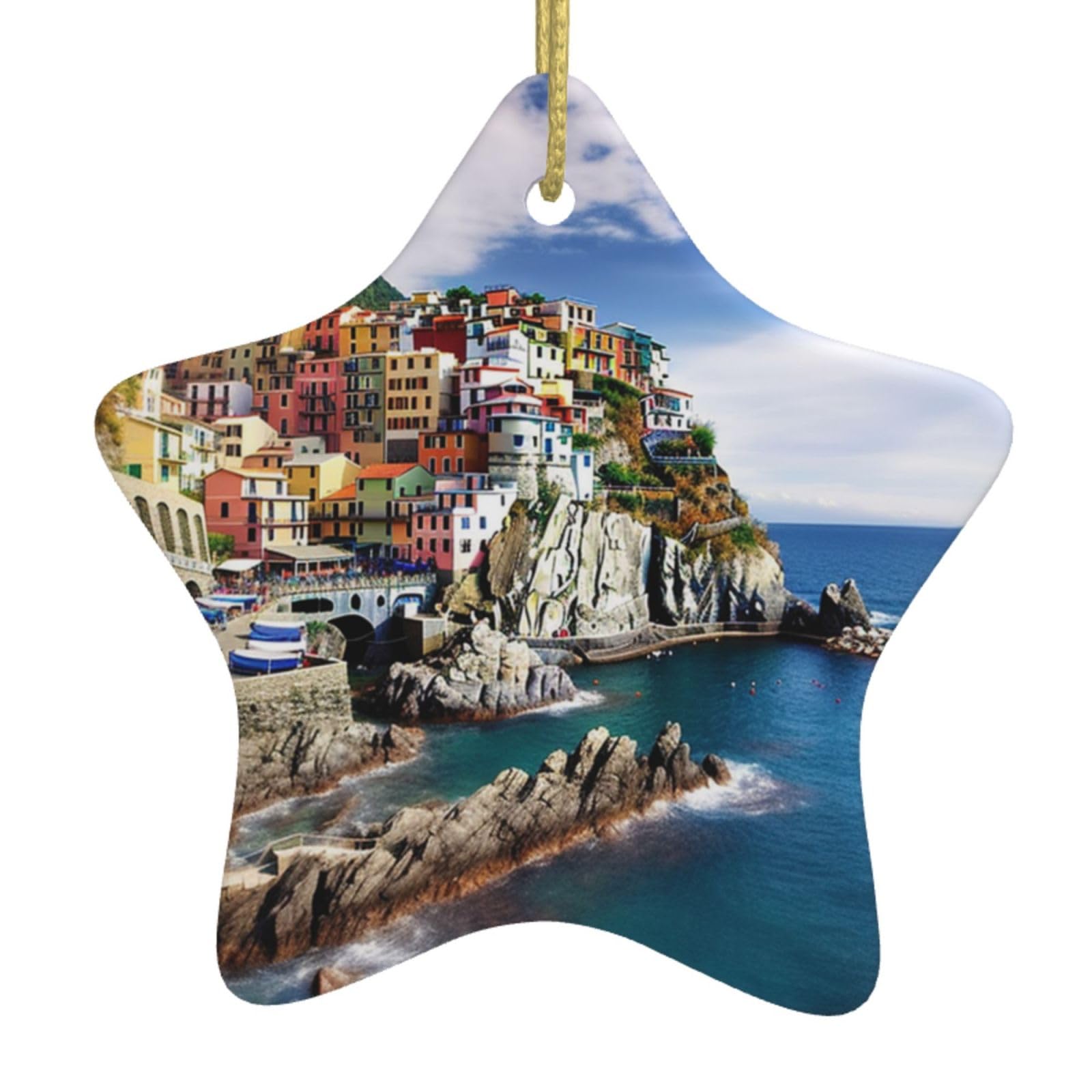 Doffo Women's Cinque Terre Scenery Personalized Christmas Ornaments 2024 Ceramic Ornaments Printed Star Shape Office Christmas Decorations For Tree