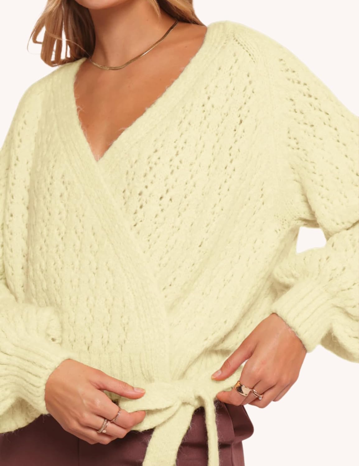 Esmeling Women Bow Tie Wrap Sweater V Neck Lantern Sleeves Knitwear Solid Pullover Cropped Cardigan - Image 3