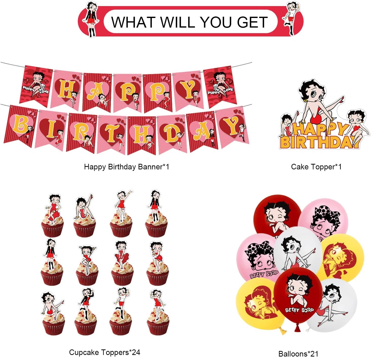 50 PCS Betty Boop Party Decorations Includes Happy Birthday Banner, Cake Topper, Cupcake Toppers, Balloons for Girls Party Supplies