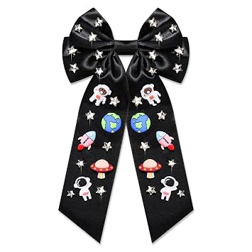 Space Hair Bows for Women Saturn Planet Rocket Astronaut Hair Bow Clips Large Rhinestone Star Hair Bows Black Hair Ribbons Barrettes Spaceman Cheer Bows Space Accessories Outfits Gifts Black 1