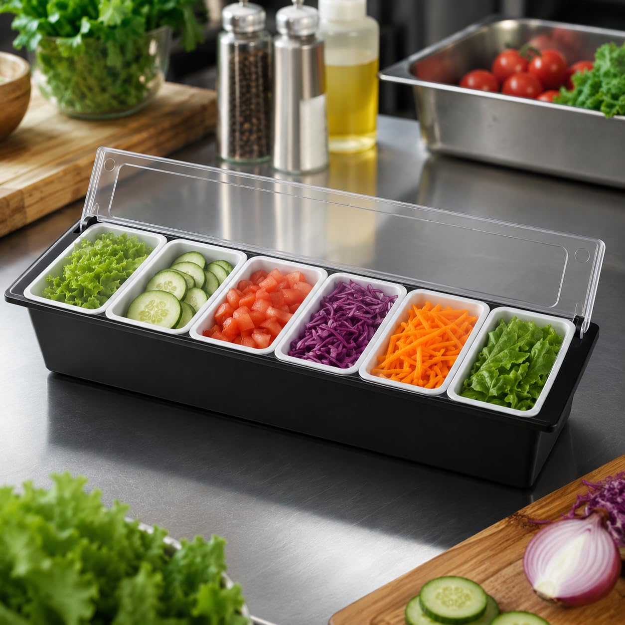 GURUBHAI EQUIPMENTS Commercial Food Condiment Dispenser – 6 GN Pan Salad Bar Station with Transparent Lid | Topping & Sauce Organizer for Restaurants, Cafés & Catering | Garnish Box 3