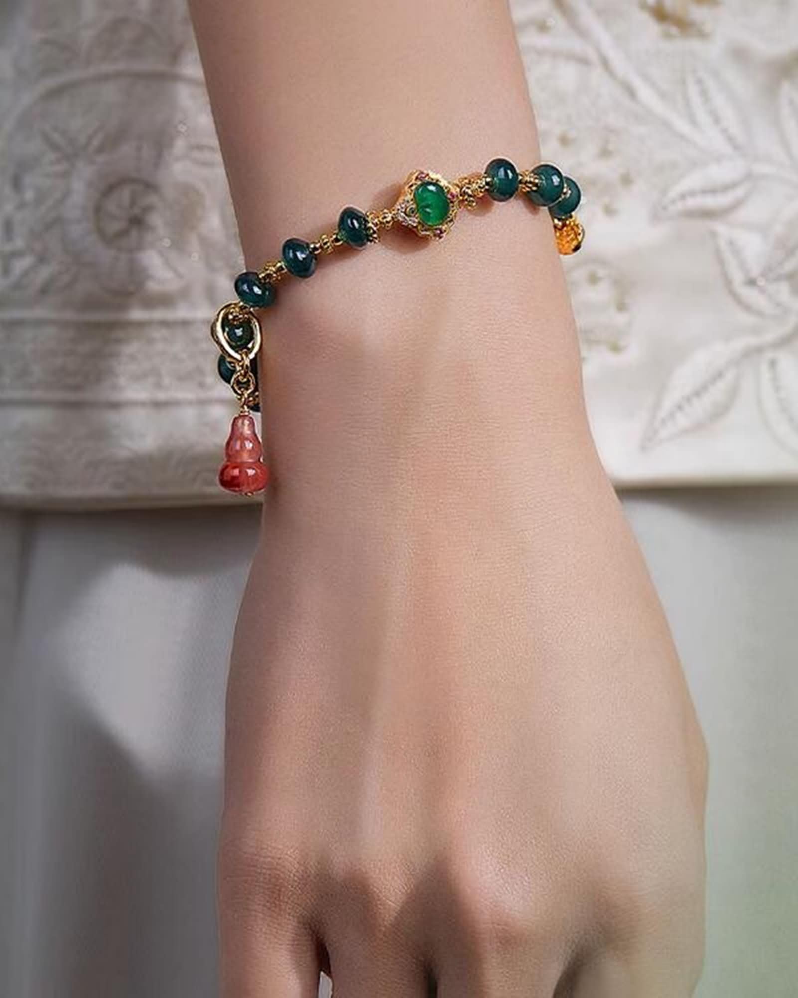 Pulsera de cadena para mujer, pulsera de cuentas vintage de oro amarillo de 9 quilates, 14 quilates y 18 quilates con colgante de calabaza de jade y ágata de 6 a 7 mm