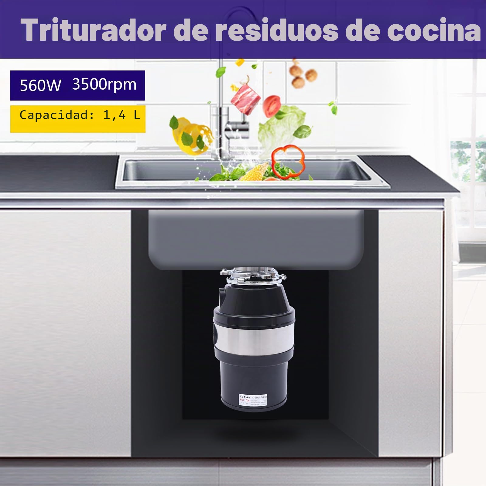560W Trituradora De Residuos De Alimentos 3500rpm Trituradora De Residuos De Cocina Fregadero Protección contra el Ruido Máquina de Tratamiento De Residuos De Alimentos Para Tratamiento De Residuos De
