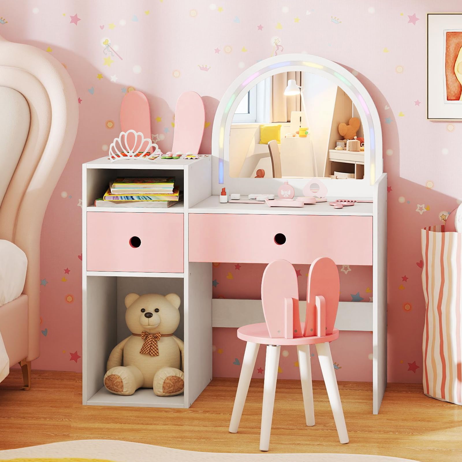 RELAX4LIFE 2 in 1 Toeletta Trucco per Bambina con Luci Colorati, Tavolo e Sedia in Legno con Specchio Acrilico, Ampio Spazio di Archiviazione, Postazione Trucco per Bambini 3+ Anni (Bianco)