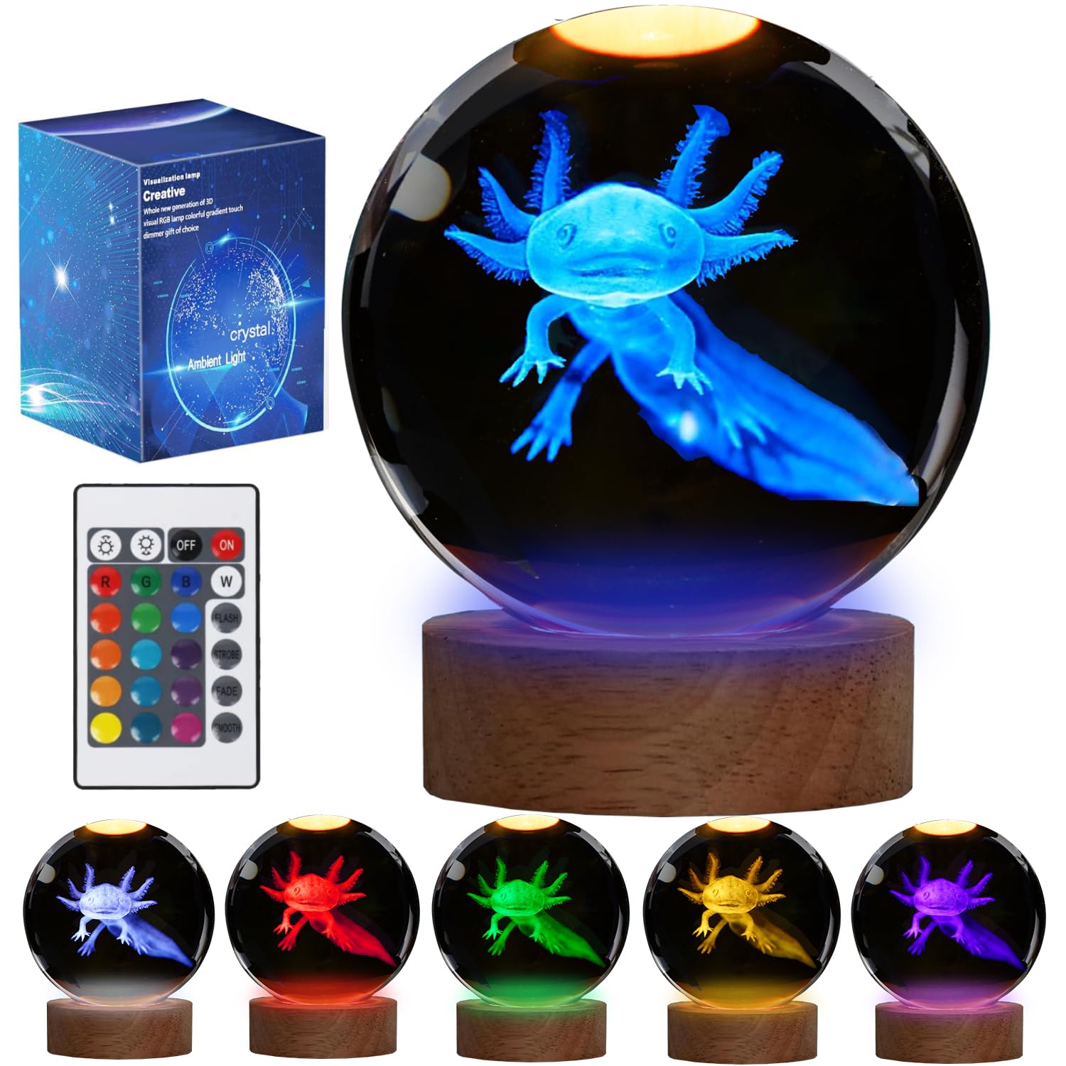 Axolotl Nachtlicht, Axolotl Geschenke, 3D K9 Crystal (80mm) Ball Axolotl Lampe mit Fernbedienung 16 Farbe für Geburtstag Weihnachten Cool Upgraded 8CM Geschenke für Zimmer Dekoration Jungen Mädchen